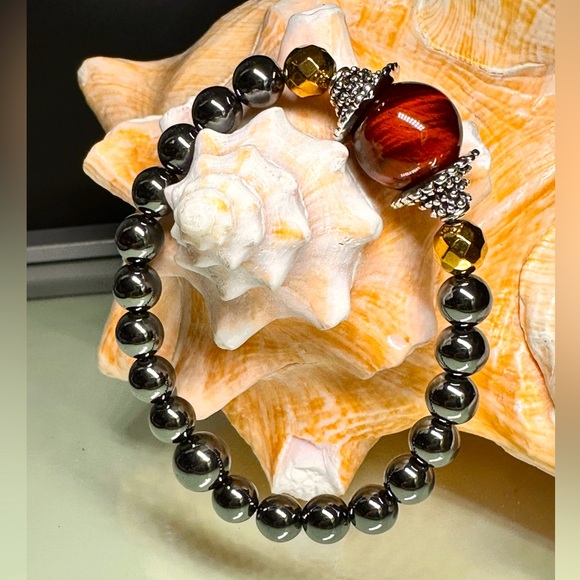 GUNPOWDER HEMATITE + TIGERS EYE NATURAL STONES BRACELET size 7” up to 7.5” - Picture 1 of 10
